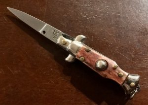 Miniature Switchblade Knife, Made In Italy, Marked Inox, Older Style, Beautiful Red Stag Handle 