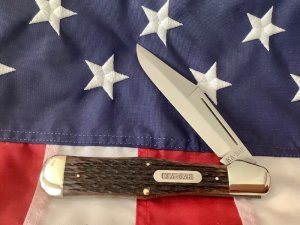 Vintage Ka-Bar 5 1/2” Single Blade Folding Hunter Knife w/ Great Bone Handles -NOS & NM