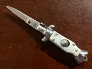 Miniature Switchblade Knife, Hard To Find Fishtail Style, White Plastic Handle, Unused 