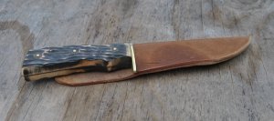 Imperial Prov. R.I. USA Hunting Knife Used Brass Guard Staglon Handles Full Tang Thumb Guard 