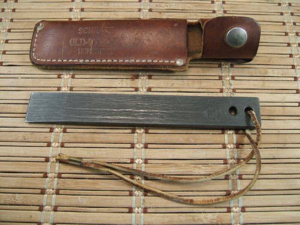 SCHRADE OLD TIMER HONE STEEL VINTAGE U.S.A. MADE ORIGINAL DOUBLE HOLE KNIFE BLADE SHARPENER & SHEATH