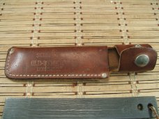 SCHRADE OLD TIMER HONE STEEL VINTAGE U.S.A. MADE ORIGINAL DOUBLE HOLE KNIFE BLADE SHARPENER & SHEATH
