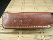SCHRADE OLD TIMER HONE STEEL VINTAGE U.S.A. MADE ORIGINAL DOUBLE HOLE KNIFE BLADE SHARPENER & SHEATH