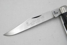 Queen Cutlery Co. #24B Slim Trapper – slick black : 4 1/8” closed; 1976, etched blade, Q 76 Queen Cutlery Co. #24B Slim Trapper – slick black : 4 1/8” closed; 1976, etched blade, Q 76