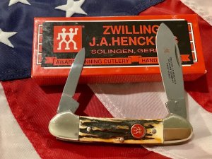 Vintage J A Henckels 2 Blade Canoe w/ Great Stag Handles +Red Shield & Blade Etch - NM -NICE ONE!