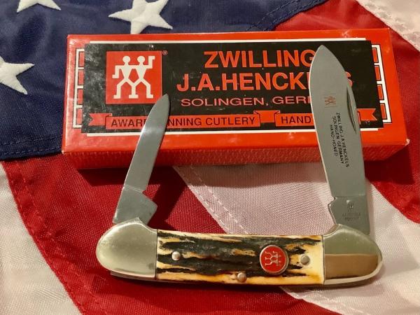 Vintage J A Henckels 2 Blade Canoe w/ Great Stag Handles +Red Shield & Blade Etch - NM -NICE ONE! Vintage J A Henckels 2 Blade Canoe w/ Great Stag Handles +Red Shield & Blade Etch - NM -NICE ONE!