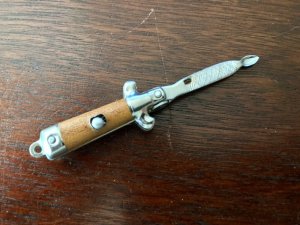 Vintage Miniature Keychain Switchblade Spoon, Brown Wrap Handle, Unused 