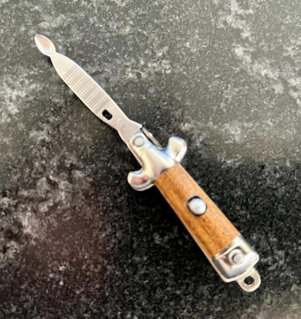 Miniature Keychain Switchblade Spoon, Brown Wrap Handle, Unused Miniature Keychain Switchblade Spoon, Brown Wrap Handle, Unused