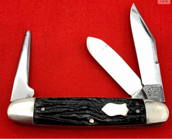 Vintage UTICA (arched) CUTLERY CO 3-Blade Equal End Junior Cattle Pocket Knife Rough Black Vintage UTICA (arched) CUTLERY CO 3-Blade Equal End Junior Cattle Pocket Knife Rough Black