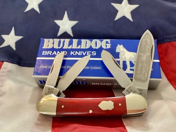 Bulldog Knife 4 Blade Canoe w/ Great Red Bone Handles & Frost Blade Etch -NOS Bulldog Knife 4 Blade Canoe w/ Great Red Bone Handles & Frost Blade Etch -NOS