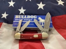 Bulldog Knife 4 Blade Canoe w/ Great Red Bone Handles & Frost Blade Etch -NOS Bulldog Knife 4 Blade Canoe w/ Great Red Bone Handles & Frost Blade Etch -NOS