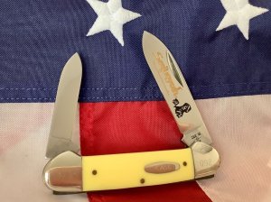 Case XX 1984, 2 Blade Canoe (Mdl# 32131) w/ Sequoyah Blade Etching & Derlin Yellow Handles -NOS & NM