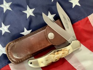 Vintage Parker 1982, K-409 2 blade Hunter Knife w 2nd cut stag handles & Flying Eagle Blade Etching