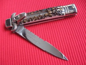 Italian AKC Italy Stag Serrated Leverletto Switchblade Knife