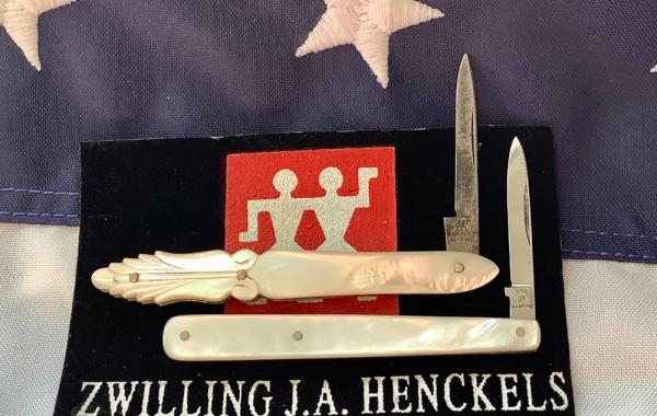 Antique J A Henckels, 2 Single Blade Mother of Pearl Quil? Knives. Hand carved flashy pearl Antique J A Henckels, 2 Single Blade Mother of Pearl Quil? Knives. Hand carved flashy pearl