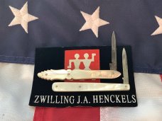 Antique J A Henckels, 2 Single Blade Mother of Pearl Quil? Knives. Hand carved flashy pearl Antique J A Henckels, 2 Single Blade Mother of Pearl Quil? Knives. Hand carved flashy pearl