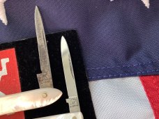 Antique J A Henckels, 2 Single Blade Mother of Pearl Quil? Knives. Hand carved flashy pearl Antique J A Henckels, 2 Single Blade Mother of Pearl Quil? Knives. Hand carved flashy pearl