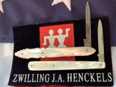 Antique J A Henckels, 2 Single Blade Mother of Pearl Quil? Knives. Hand carved flashy pearl Antique J A Henckels, 2 Single Blade Mother of Pearl Quil? Knives. Hand carved flashy pearl