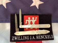 Antique J A Henckels, 2 Single Blade Mother of Pearl Quil? Knives. Hand carved flashy pearl Antique J A Henckels, 2 Single Blade Mother of Pearl Quil? Knives. Hand carved flashy pearl
