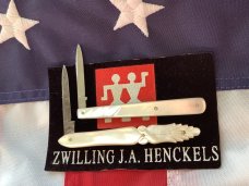 Antique J A Henckels, 2 Single Blade Mother of Pearl Quil? Knives. Hand carved flashy pearl Antique J A Henckels, 2 Single Blade Mother of Pearl Quil? Knives. Hand carved flashy pearl