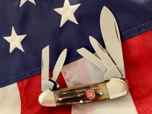 Vintage J A Henckels 5 Blade Canoe w/ Great Stag Handles -Near Mint