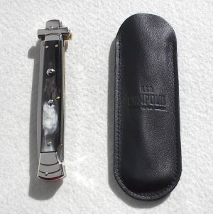 NOS A.G.A. CAMPOLIN 11" MALTESE BRAZILIAN HORN STILETTO NICKEL SILVER BOLSTERS,  W/ LEATHER POUCH