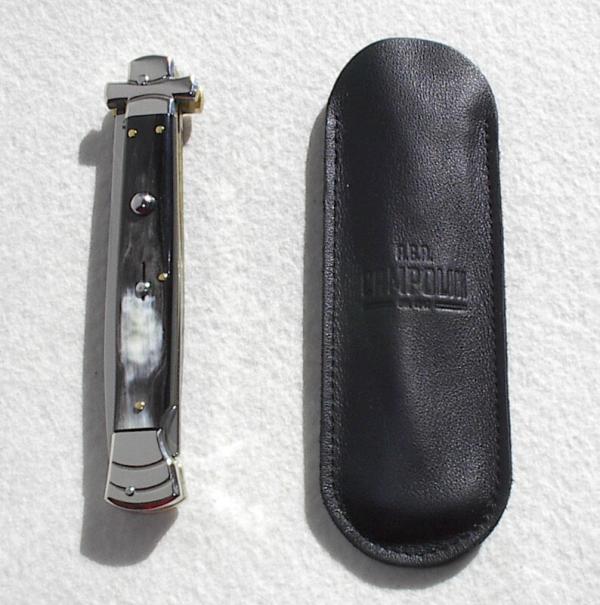 NOS A.G.A. CAMPOLIN 11" MALTESE BRAZILIAN HORN STILETTO NICKEL SILVER BOLSTERS,  W/ LEATHER POUCH