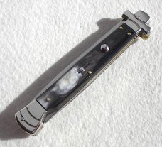 NOS A.G.A. CAMPOLIN 11" MALTESE BRAZILIAN HORN STILETTO NICKEL SILVER BOLSTERS,  W/ LEATHER POUCH