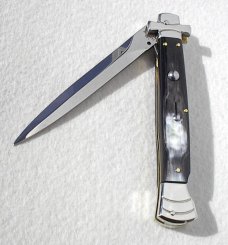 NOS A.G.A. CAMPOLIN 11" MALTESE BRAZILIAN HORN STILETTO NICKEL SILVER BOLSTERS,  W/ LEATHER POUCH