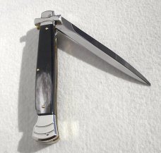 NOS A.G.A. CAMPOLIN 11" MALTESE BRAZILIAN HORN STILETTO NICKEL SILVER BOLSTERS,  W/ LEATHER POUCH