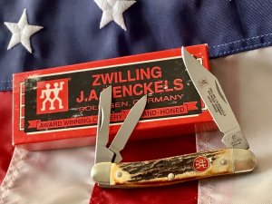 Vintage J A Henckels 3 Blade Whittler (HK-7-S) Pocket Knife w/ Great Stag Handles! -NOS