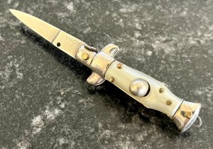 Miniature Switchblade Knife, Made In Italy, Vertical INOX, Older Style, Imitation Mother Of Pearl 