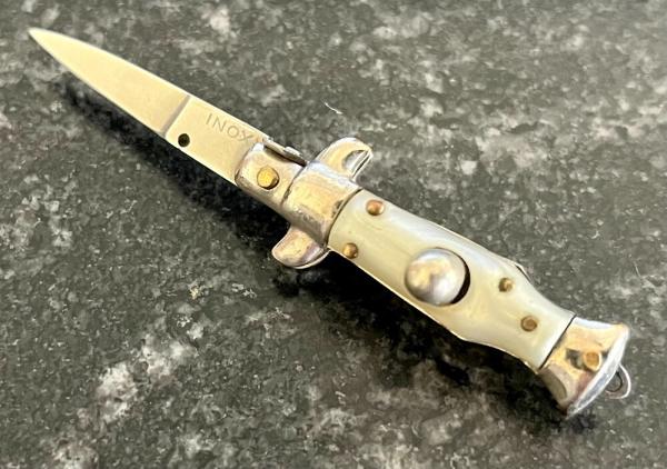 Miniature Switchblade Knife, Made In Italy, Vertical INOX, Older Style, Imitation Mother Of Pearl 