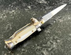 Miniature Switchblade Knife, Made In Italy, Vertical INOX, Older Style, Imitation Mother Of Pearl 