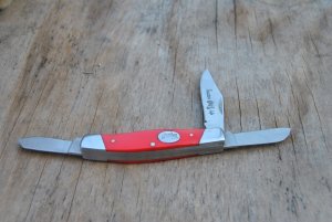 Schrade Tractor Up Stockman 3 Blade Slant Bolsters Red fiber handles Mint New 3 1/2" Closed