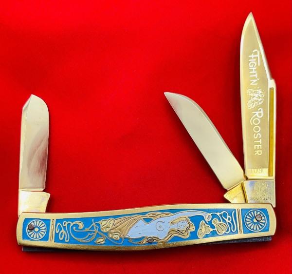 Fight’n Rooster Gold Plated & Enamel 3- Blade Premium Stockman Pocket Knife “Blue Mermaid”109 of 40 Fight’n Rooster Gold Plated & Enamel 3- Blade Premium Stockman Pocket Knife “Blue Mermaid”109 of 40