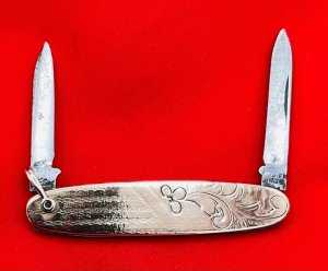 Vintage MILLER BROS 2-Blade Shadow Pen Embossed Brass Folding Pocket Knife c.1872-1926 CC Initials