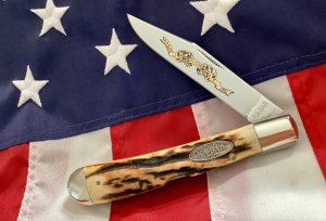 Vintage Ka-Bar 5 1/2” Single Blade Banana Locking Trapper Knife w/ Super Stag Handles -NOS & NM