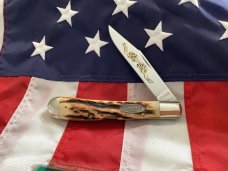 Vintage Ka-Bar 5 1/2” Single Blade Banana Locking Trapper Knife w/ Super Stag Handles -NOS & NM Vintage Ka-Bar 5 1/2” Single Blade Banana Locking Trapper Knife w/ Super Stag Handles -NOS & NM
