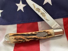 Vintage Ka-Bar 5 1/2” Single Blade Banana Locking Trapper Knife w/ Super Stag Handles -NOS & NM Vintage Ka-Bar 5 1/2” Single Blade Banana Locking Trapper Knife w/ Super Stag Handles -NOS & NM