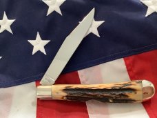Vintage Ka-Bar 5 1/2” Single Blade Banana Locking Trapper Knife w/ Super Stag Handles -NOS & NM Vintage Ka-Bar 5 1/2” Single Blade Banana Locking Trapper Knife w/ Super Stag Handles -NOS & NM