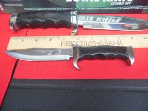HUMVEE BOWIE COMBO SET PAKAWOOD HANDLES STAINLESS BLADES IN BOX WITH SHEATH NEVER USED