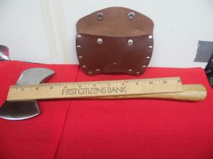 APPROX 14" WOOD HANDLE CAMPING AXE HATCHET DOUBLE HEAD WITH NRA LEATHER SHEATH  NEVER USED