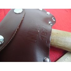 APPROX 14" WOOD HANDLE CAMPING AXE HATCHET DOUBLE HEAD WITH NRA LEATHER SHEATH NEVER USED APPROX 14" WOOD HANDLE CAMPING AXE HATCHET DOUBLE HEAD WITH NRA LEATHER SHEATH NEVER USED