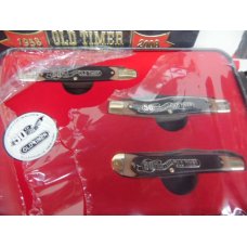 SCHRADE OLD TIMER 50th ANNIVERSARY 2008 3 KNIFE SET IN TIN SPECIAL SHIELDS HISTORY ON BACK OF TIN