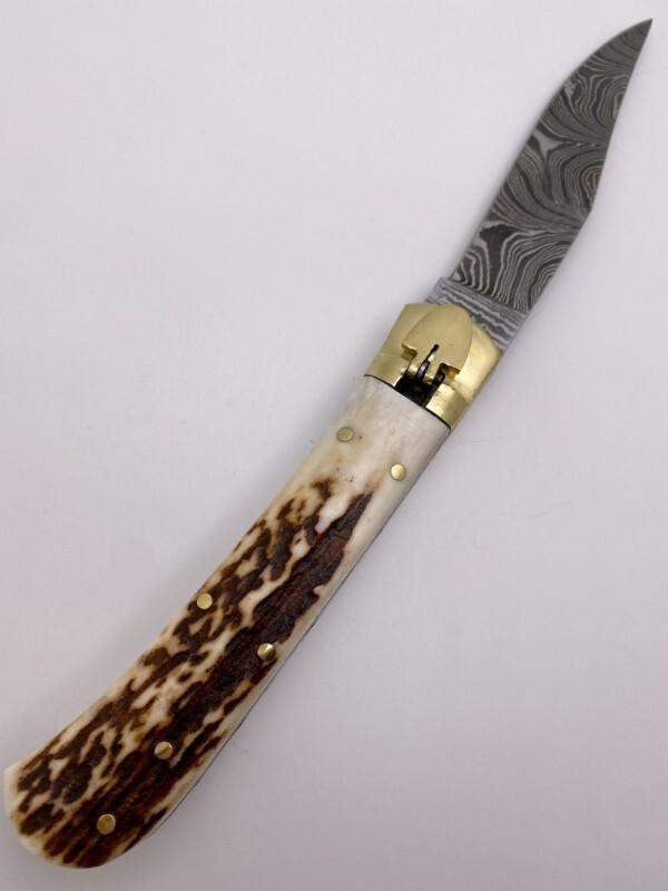 FOREIGN 9" Damascus Blade Stag Lever w/Brass Hardware & Filework EX Condition