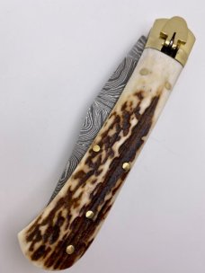 FOREIGN 9" Damascus Blade Stag Lever w/Brass Hardware & Filework EX Condition