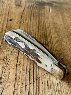 A Wright & Son Peach Pruning Knife with Stag Scales and Curved Wharncliffe Blade