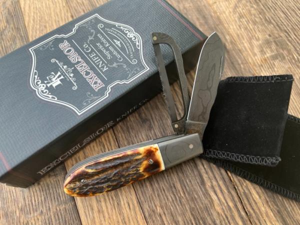 EXCELSIOR KNIFE CO. BURNT STAG DAMASCUS GAME SCOUT KNIFE **ONLY 3 MADE **
