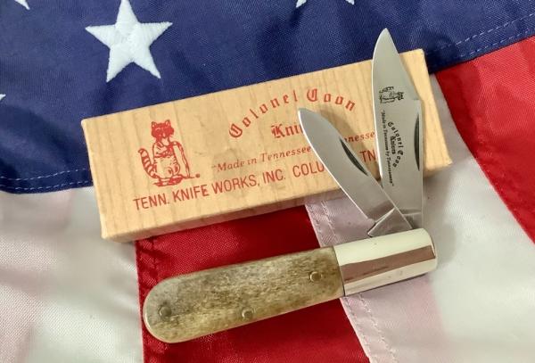 Orig Colonel Coon 2 Blade Barlow w/ Bone Handles & colonel coon blade etch